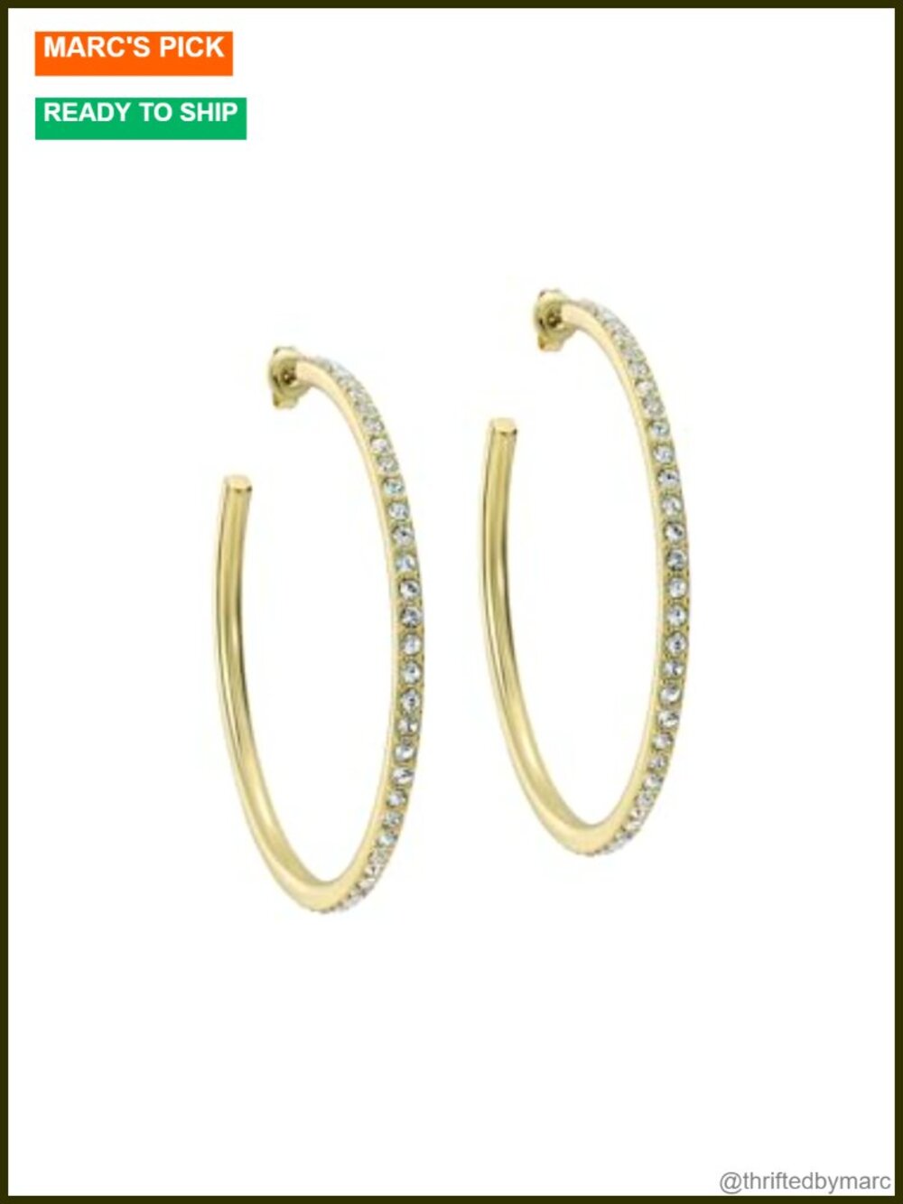Large Crystal Hoop Earrings Gold Tone Plated Brass Hinged Hoop Women's Jewelry